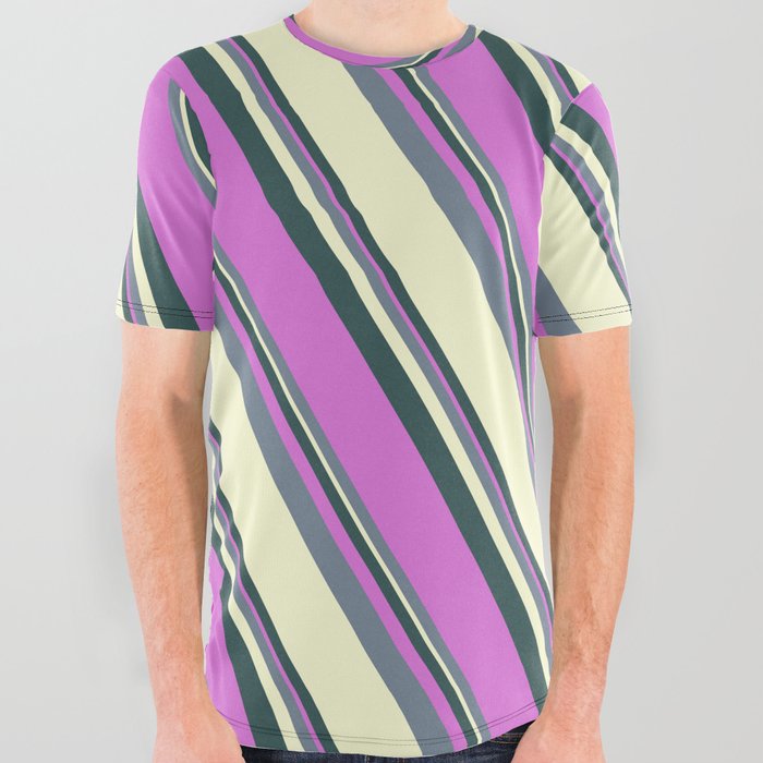 Dark Slate Gray, Orchid, Slate Gray & Light Yellow Colored Striped Pattern All Over Graphic Tee