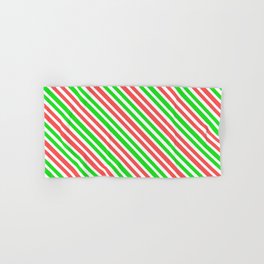 [ Thumbnail: Christmas-Inspired Red, White, and Green Colored Lines Pattern Hand & Bath Towel ]