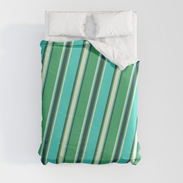 [ Thumbnail: Sea Green, Light Yellow, Turquoise, and Dark Slate Gray Colored Striped Pattern Duvet Cover ]