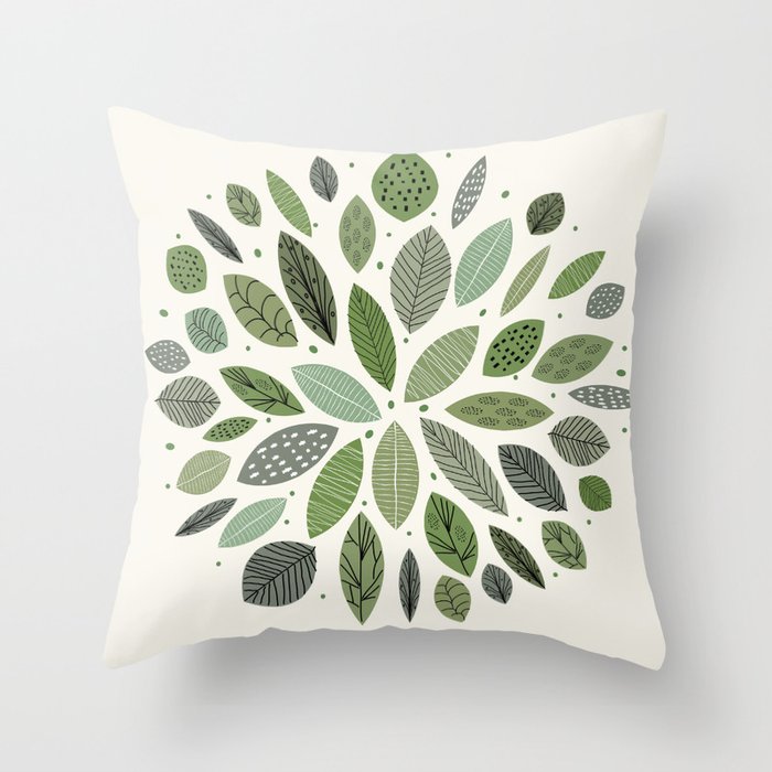 Mid-Century Green Leaves Throw Pillow