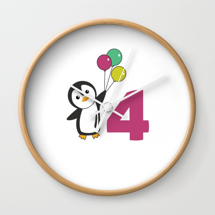 Penguin Fourth Birthday Balloons For Kids Wall Clock