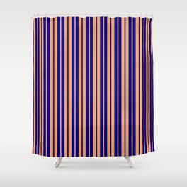 [ Thumbnail: Brown & Dark Blue Colored Stripes Pattern Shower Curtain ]