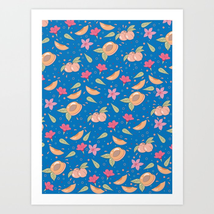 Peaches , Flowers and Leaves Pattern  on Blue Art Print