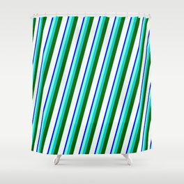 [ Thumbnail: Blue, Aquamarine, Dark Turquoise, Dark Green & Mint Cream Colored Stripes/Lines Pattern Shower Curtain ]