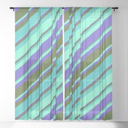 [ Thumbnail: Aquamarine, Slate Blue, Dark Olive Green, and Turquoise Colored Lines Pattern Sheer Curtain ]