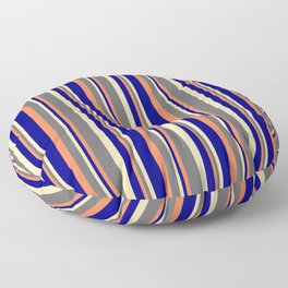 [ Thumbnail: Coral, Dim Gray, Tan & Blue Colored Pattern of Stripes Floor Pillow ]