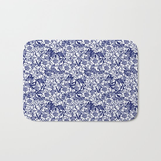 Indigo Florals watercolor painterly botanical boho pattern print nature spring summer monochromatic Bath Mat
