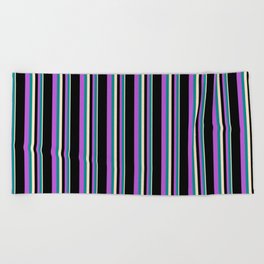 [ Thumbnail: Bisque, Dark Cyan, Orchid & Black Colored Lined Pattern Beach Towel ]