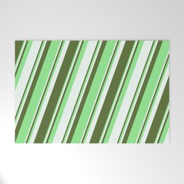 [ Thumbnail: Dark Olive Green, Light Green, and Mint Cream Colored Lines Pattern Welcome Mat ]