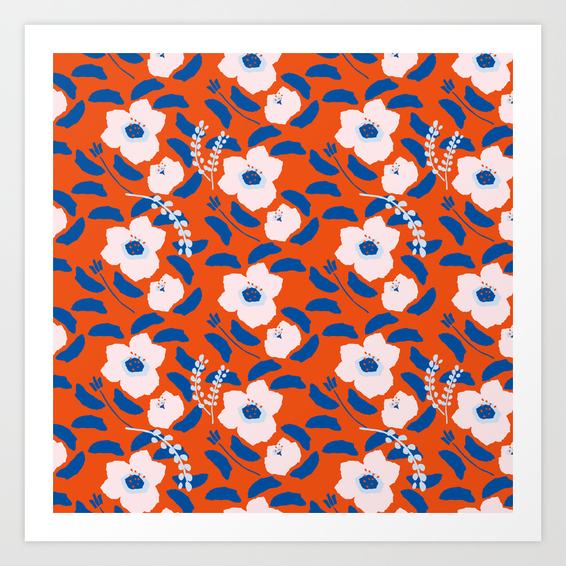 Abstract Living Coral Blue White Eclectic Floral Illustration Art
