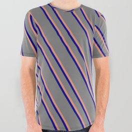 [ Thumbnail: Gray, Dark Salmon, and Dark Blue Colored Lines Pattern All Over Graphic Tee ]