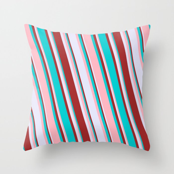 Dark Turquoise, Light Pink, Lavender & Brown Colored Lines Pattern Throw Pillow