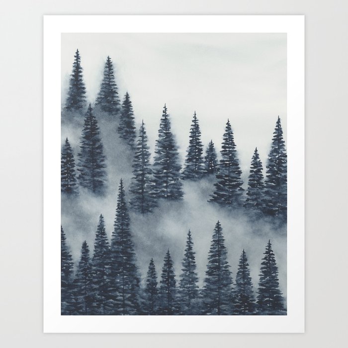 Blue Trees Above the Fog II - Dark Indigo Navy Foggy Forest Watercolor, Rustic Mountain Home Style Art Art Print