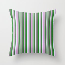 [ Thumbnail: Vibrant Forest Green, Dim Grey, Dark Sea Green, Plum, and Lavender Colored Lined/Striped Pattern Throw Pillow ]
