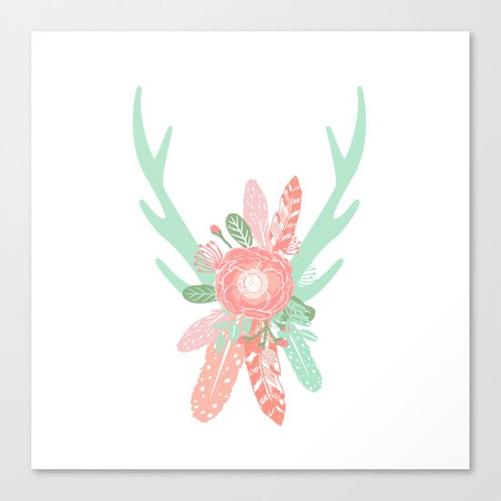 Deer antler florals flower bouquet with antlers minimal boho nursery art decor Canvas Print