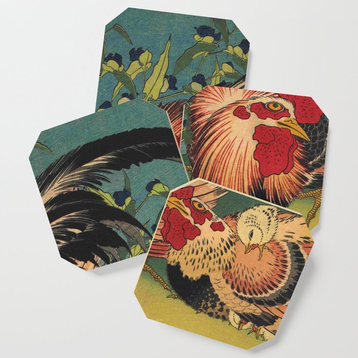 Hokusai, Rooster,Hen and Chicken with Spiderwort Coaster by oldking