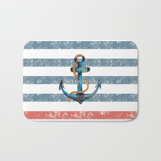 Maritime Design- Nautic Anchor on stripes in blue and red #Society6 Bath Mat