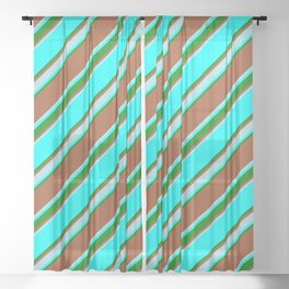 [ Thumbnail: Sienna, Powder Blue, Aqua & Green Colored Stripes Pattern Sheer Curtain ]