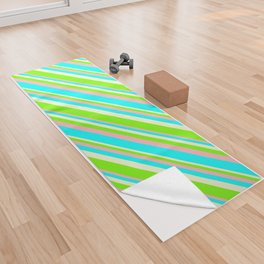 [ Thumbnail: Light Yellow, Green, Light Pink, and Cyan Colored Striped/Lined Pattern Yoga Towel ]
