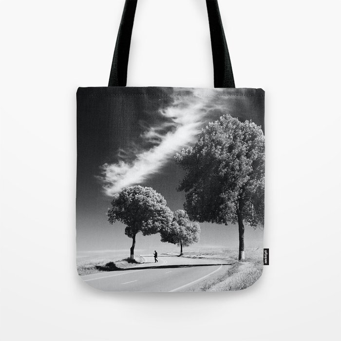 The road less travels; streaks of clouds and trees with lone figure on lonely Tuscan road travel black and white zen photograph - photography - photographs Tote Bag