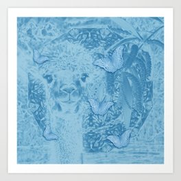 Ghostly alpaca with butterflies in snorkel blue Art Print