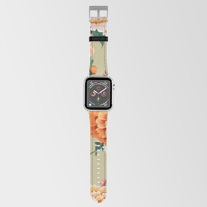 Beautiful seamless pattern with diamond pheasant sitting on peony branch with blooming sakura, plum and daisies, summer dress in Chinese style Apple Watch Band