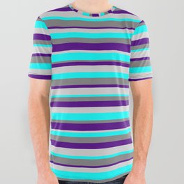 [ Thumbnail: Grey, Indigo, Light Gray, and Cyan Colored Striped Pattern All Over Graphic Tee ]