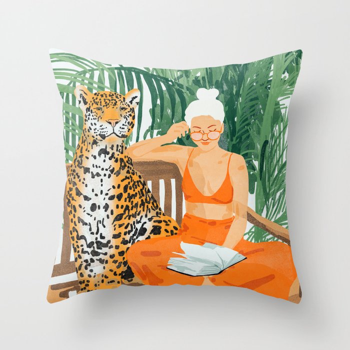 Jungle Vacay | Modern Bohemian Blonde Woman Tropical Travel | Leopard Wildlife Forest Reader Throw Pillow