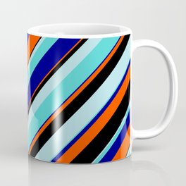 [ Thumbnail: Eye-catching Powder Blue, Turquoise, Blue, Red, and Black Colored Lined/Striped Pattern Coffee Mug ]