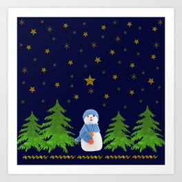 Sparkly gold stars, snowman and green tree Art Print