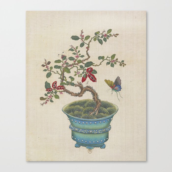 Vintage Chinese Bonsai Botanical Ink And Brush Painting Flowers