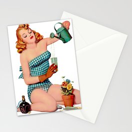 Red Sexy Pinup With Watering Can For Garden Stationery Card