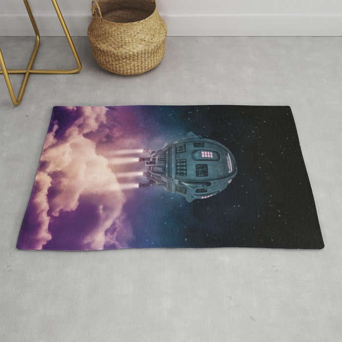 Out of the atmosphere / 3D render of spaceship rising above clouds Rug