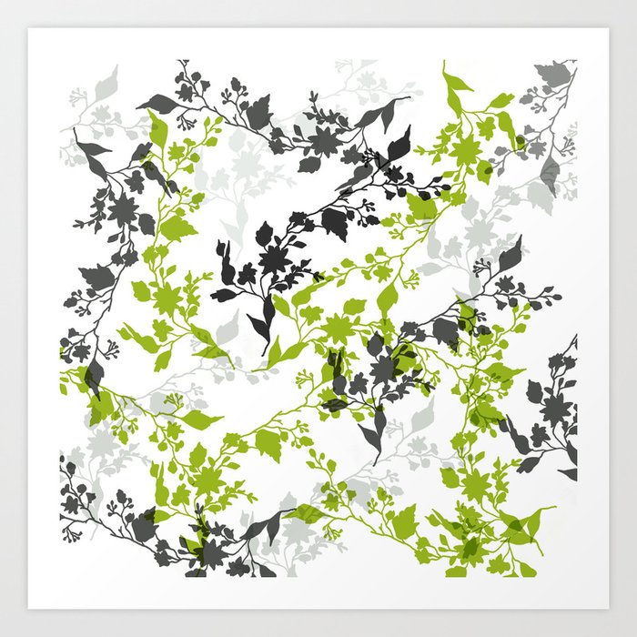 Branches and Leaves in Green Gray and Black on White Art Print