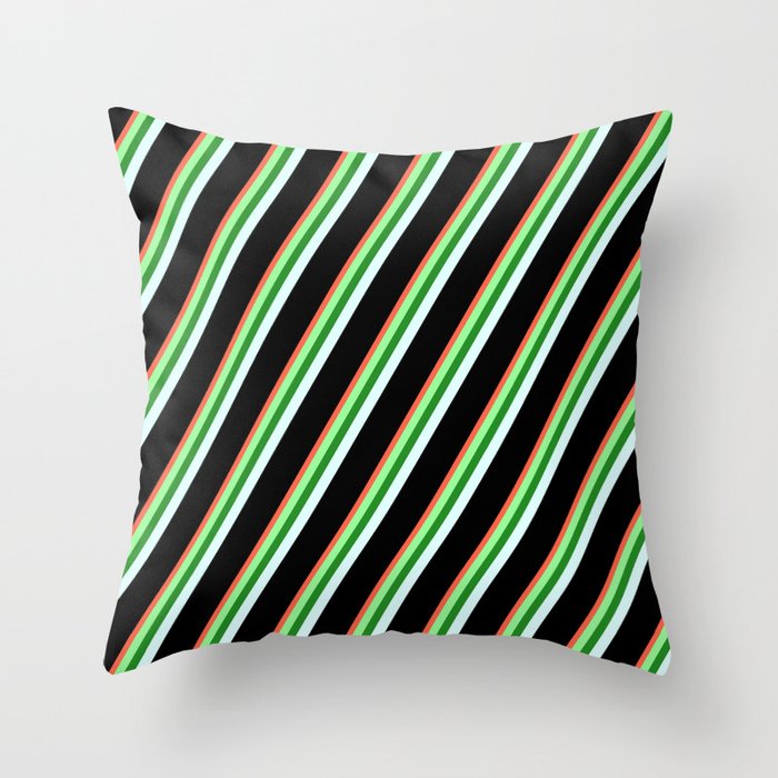 Red, Green, Forest Green, Light Cyan, and Black Colored Stripes/Lines Pattern Throw Pillow
