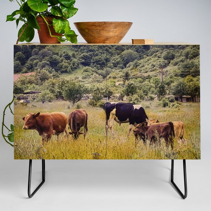 Vintage cottagecore cow pasture in the mountains Credenza