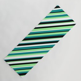 [ Thumbnail: Green, White, Dark Cyan & Black Colored Striped/Lined Pattern Yoga Mat ]