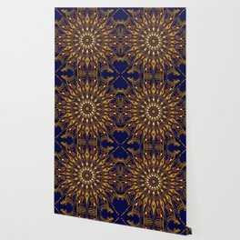 Flaming Gold Mandala on Dark Blue Wallpaper