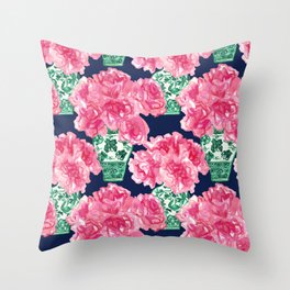 Watercolor Peony Bouquets in Emerald Vases on Navy Throw Pillow | Spring, Colorful, Traditional, Maximalism, Pattern, Wow, Navyandpink, Fresh, Preppy, Watercolor 