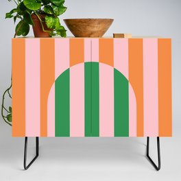 Striped Archway Bold Color Block Pattern in Pink, Green, and Orange Credenza