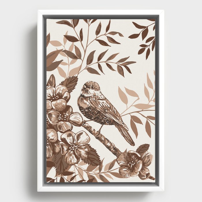 Brown Chinoiserie Apple Blossom Bird Framed Canvas
