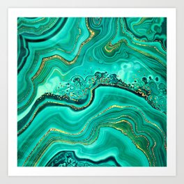 Emerald Green + Gold Abstract Geode Ripples Art Print