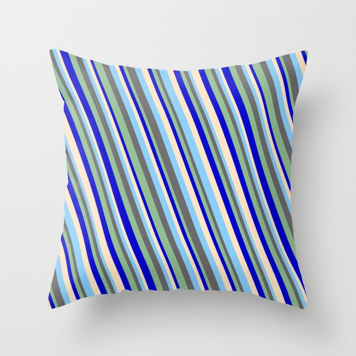 Light Sky Blue, Dim Gray, Dark Sea Green, Blue & Bisque Colored Lined/Striped Pattern Throw Pillow