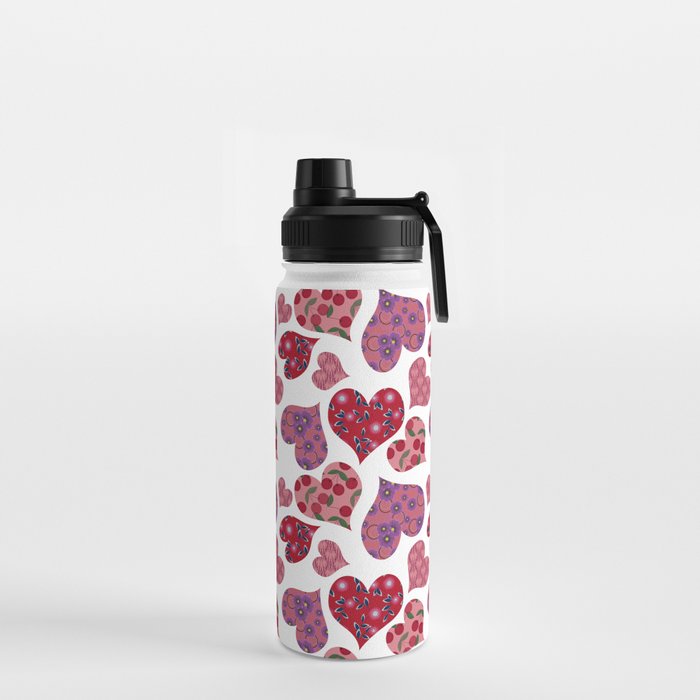 Seamless pattern with hearts with floral ornament Water Bottle