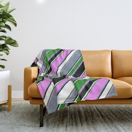 [ Thumbnail: Eye-catching Forest Green, Violet, Light Slate Gray, Black & White Colored Striped/Lined Pattern Throw Blanket ]