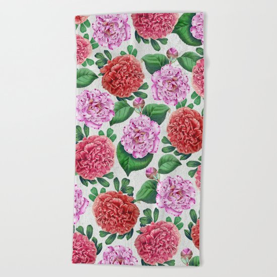 Camellia and Peonia pattern Beach Towel