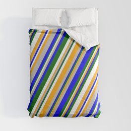 [ Thumbnail: Eyecatching Grey, Blue, Dark Green, White, and Orange Colored Stripes/Lines Pattern Comforter ]