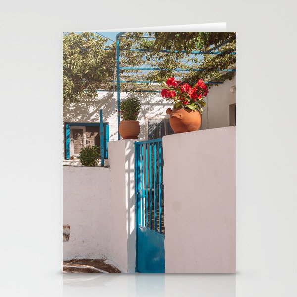 Greek Still Live with Flower Pot and Blue Door | Mediterranean Scene on the Cycladic Islands of Greece | Travel and Summer Photography Stationery Cards