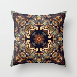 Floral shawl design. Square ornament with decorative flowers and paisley. Indian batik. Stylized flowers and paisley. Indonesian batik.  Throw Pillow