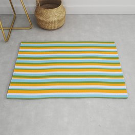[ Thumbnail: Sky Blue, Green, Orange, and Lavender Colored Lines Pattern Rug ]
